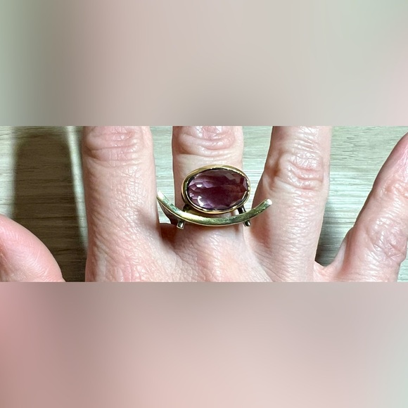 Vintage Designer (KS) Oxidized Sterling Silver & Gold Modernist Amethyst Ring - Picture 9 of 12